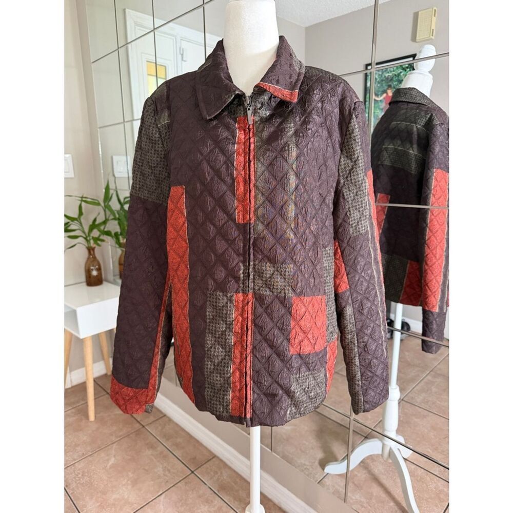Erin London Quilted Patchwork Jacket in Brown and Red Accents